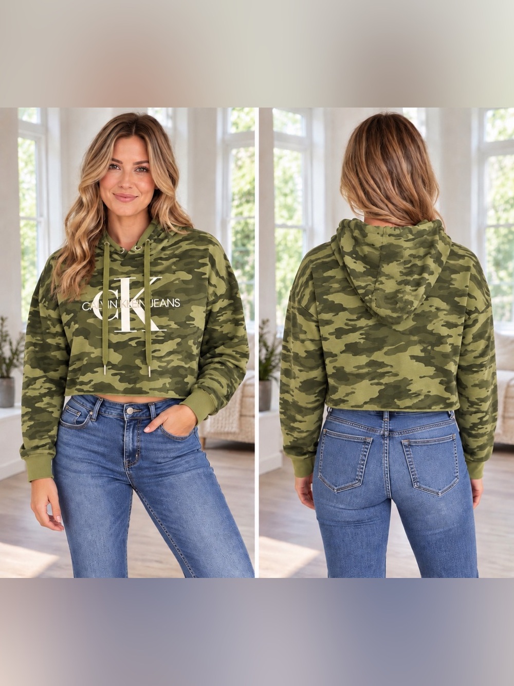 Calvin Klein Jeans Olive Camo Cropped Hoodie Sweatshirt Size XL/Y2K/Athleisure
